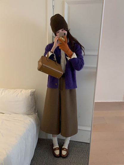 // 帥氣八分毛呢料加絨褲(連小腰包+腰帶)