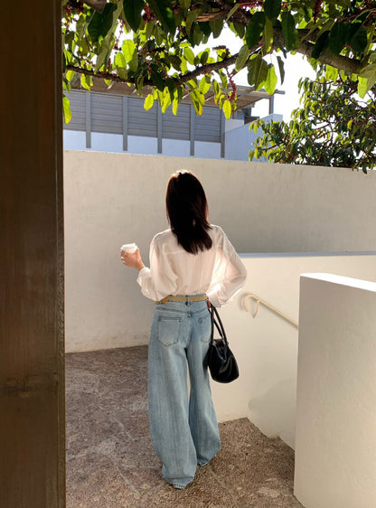 👖 慵懶洗水直闊褲牛仔褲(連腰帶)