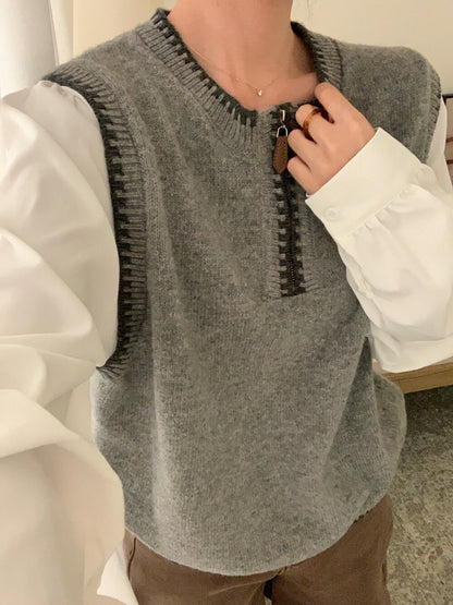 // 柔軟撞色邊拼恤衫袖假兩件上衣