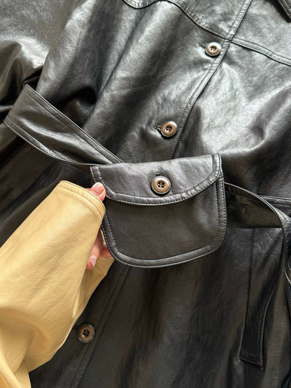 // vintage油蠟皮連腰包腰帶翻領中長外套