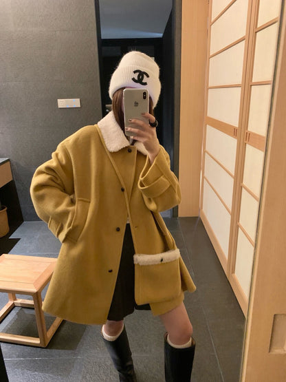 // 100%羊毛拼毛毛領中長手工外套(連袋仔)