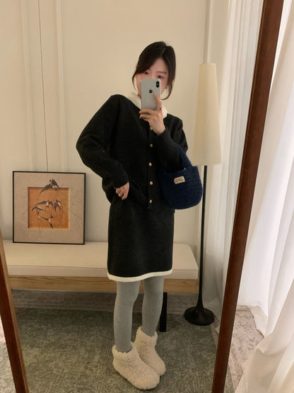 // 撞色領特別鈕扣開胸上衣+裙子套裝