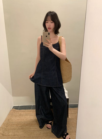 // 復古牛仔吊帶上衣+全長褲套裝(可分開單買)
