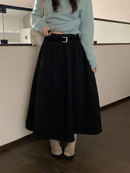 // 7%wool壓褶A字超遮肉半截裙(連腰帶)