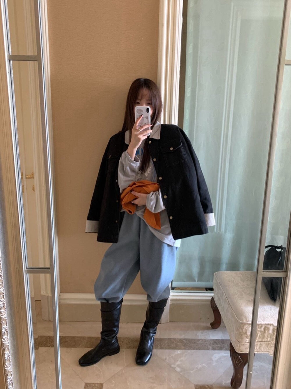 // 拼色燈芯絨領牛仔外套