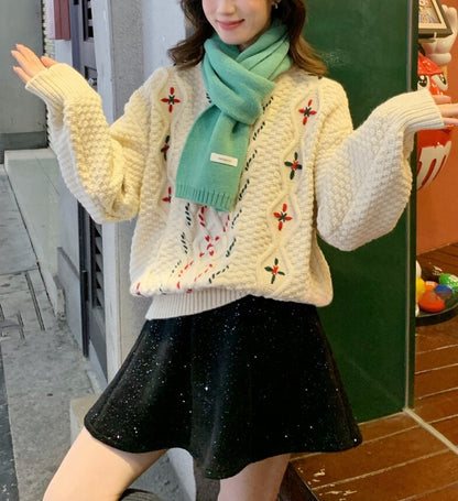 // 特別撞色鈎針圖案毛衣