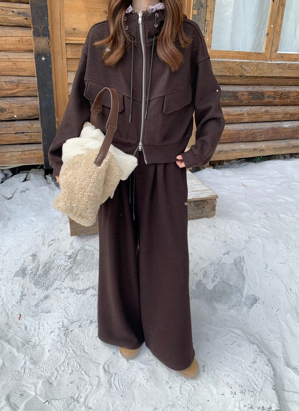 // 連毛毛帽加絨拉鍊外套+橡筋褲套裝