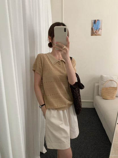 K19 / 精緻鏤空花邊翻領lyocell polo NT