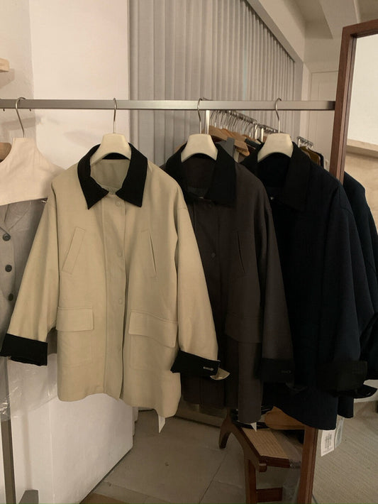 // 經典款撞色領口中長款trench coat