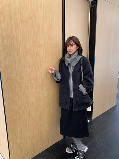 // 造型感針織翻領拼接假兩件手工羊毛外套(毛呢部份100%wool)