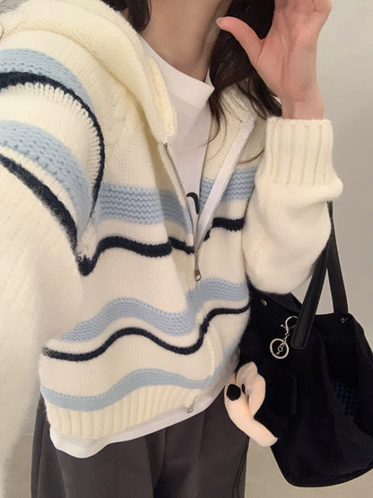 // 復古撞色間條連帽針織CD