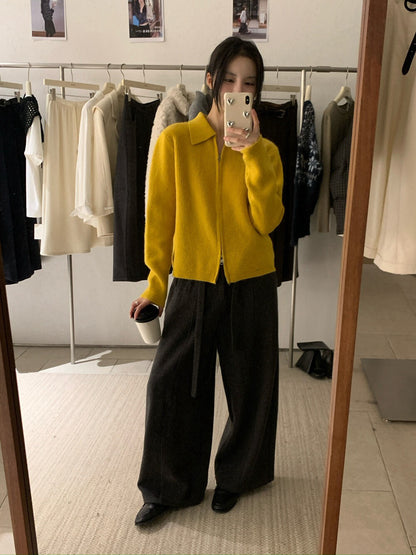 // 細直坑紋翻領上下拉鍊CD