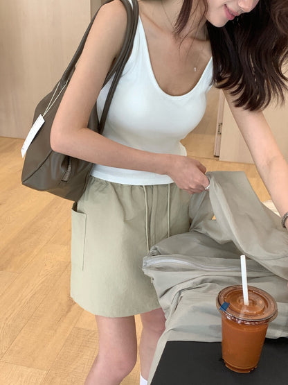 // 抽繩裙頭口袋工裝短裙