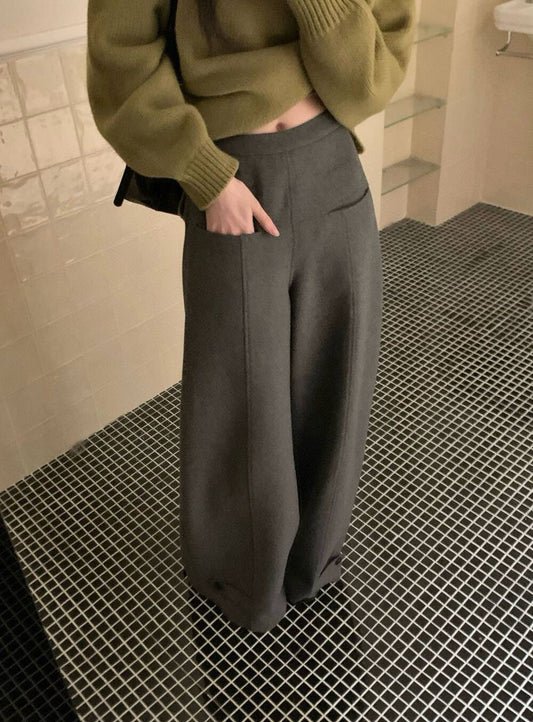 // 50%羊毛設計感褲腳高腰褲