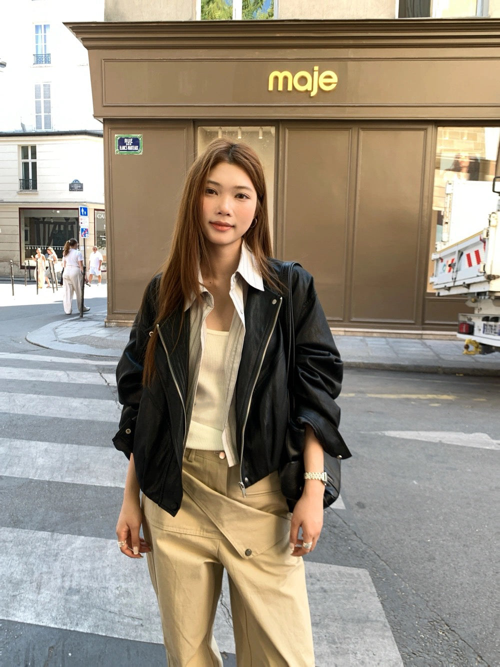 J21 / 假兩件拼接間條恤衫彷皮外套