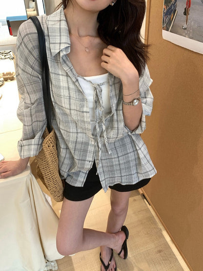 // 兩穿復古感格紋寬鬆恤衫