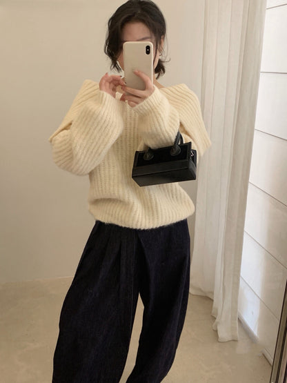 // 8%wool溫柔一字領鈕扣大翻領毛衣