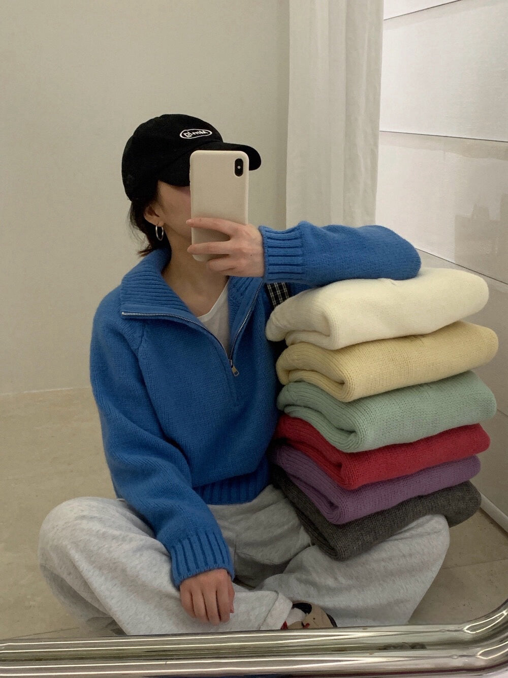 // 半拉鍊直坑紋領套頭NT