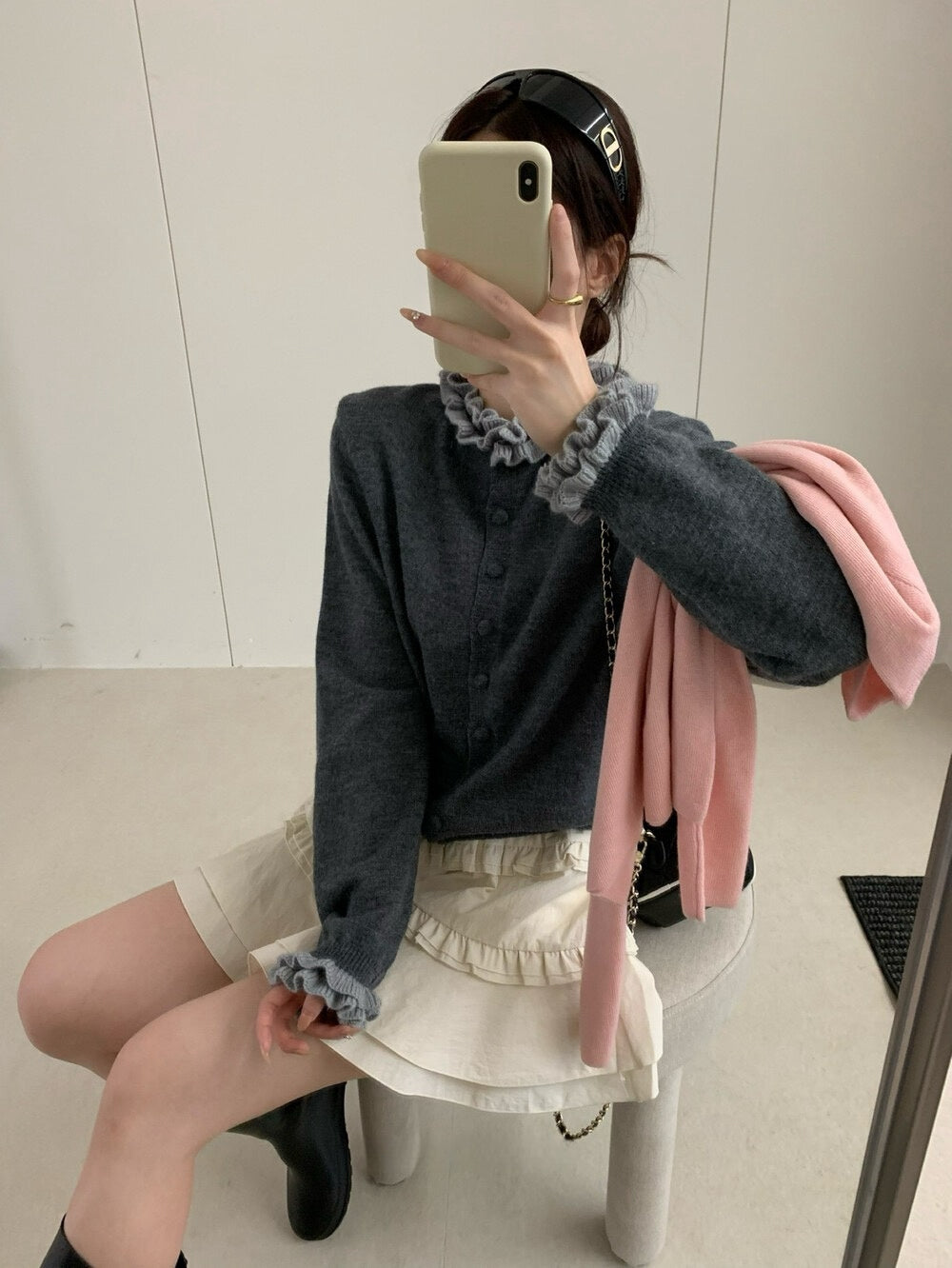 // 超美撞色花邊領+袖口CD