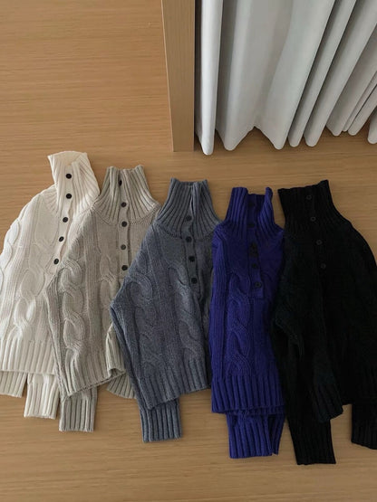 // 30%羊毛可立領鈕扣麻花毛衣