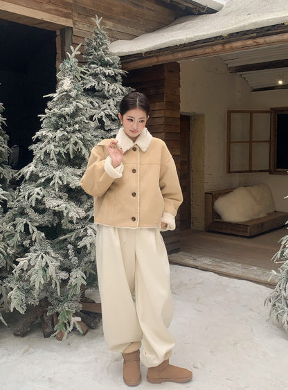 // 超軟皮毛一體麂皮翻領外套(連袋仔)