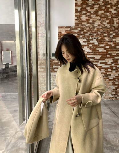 // 90%wool氣質立領長款手工羊毛外套(連袋仔)