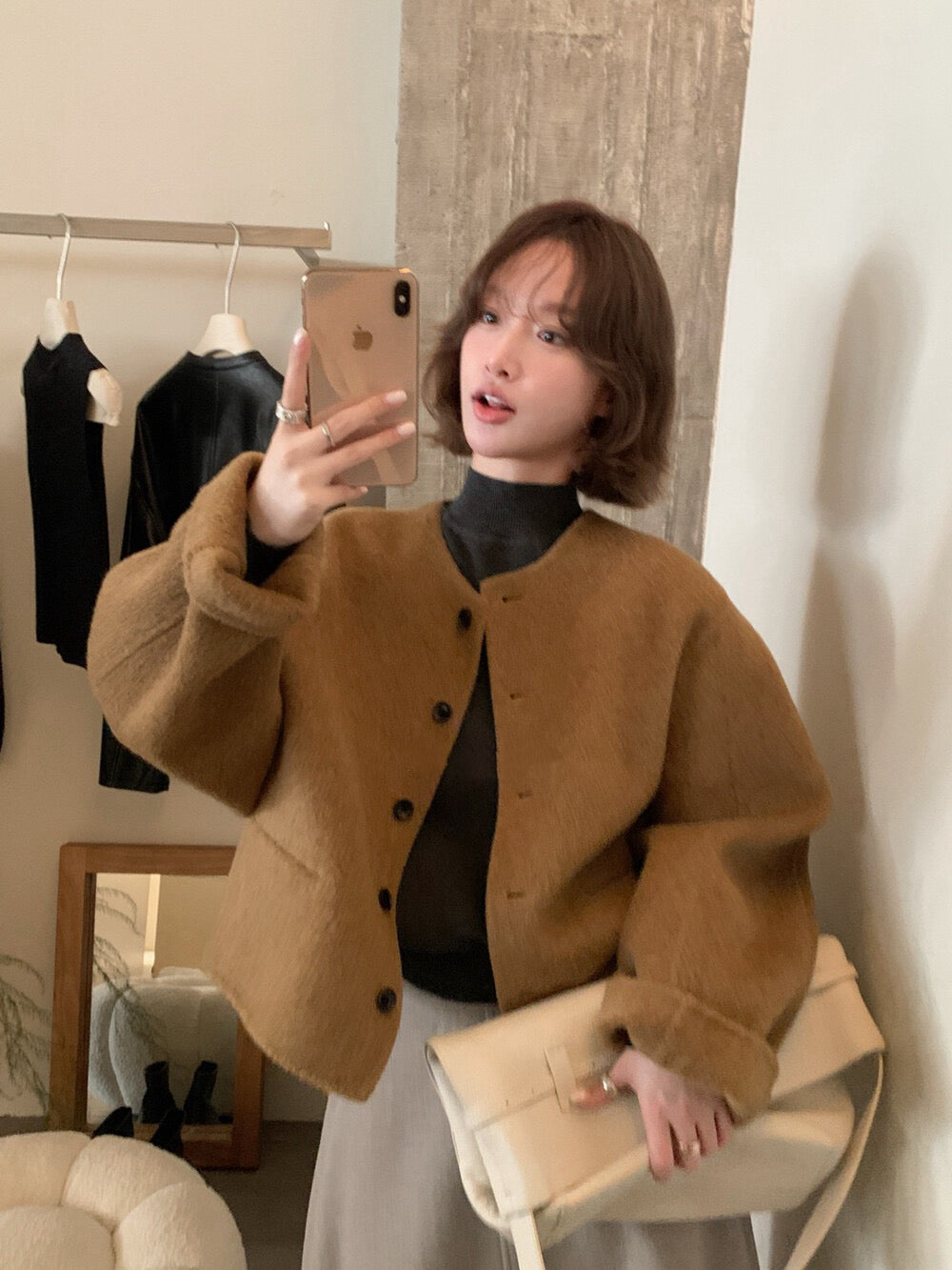 // 100%羊毛簡約圓領小口袋雙面羊毛手工外套