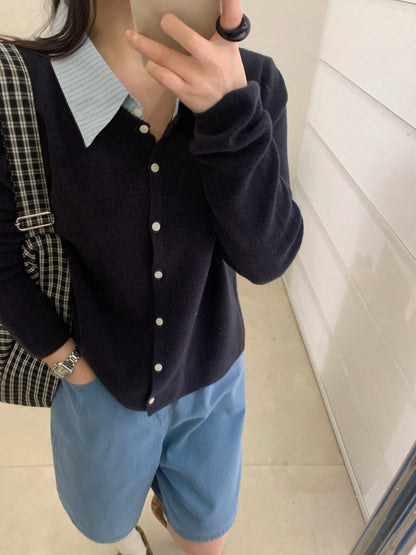 // 拼接間條恤衫領假兩件針織上衣