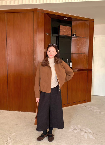 // 拼接卷毛領設計感短外套