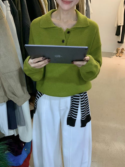 // 30%wool鈕扣直坑紋翻領毛衣