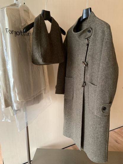 // 90%wool氣質立領長款手工羊毛外套(連袋仔)