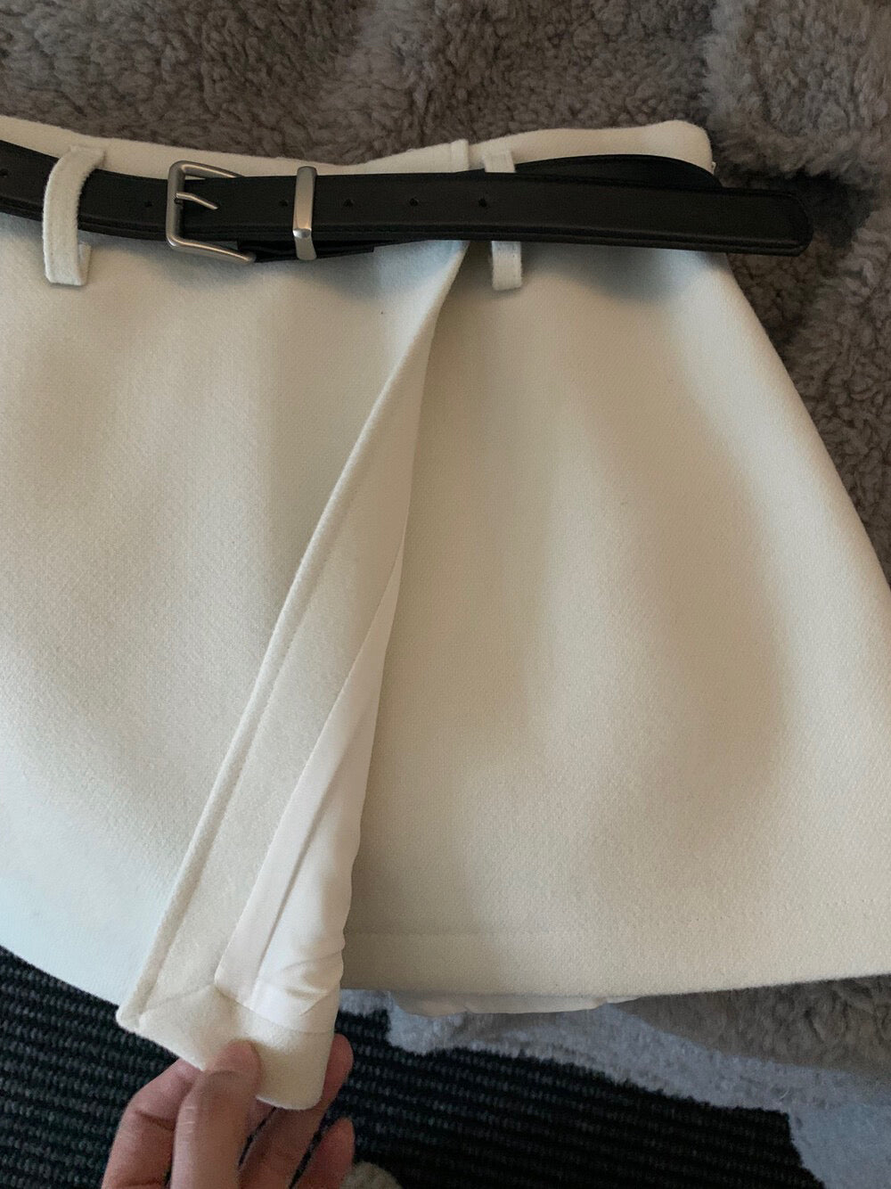 // 10%wool超拉長比例的連腰帶雙層毛呢短裙(內連內裡打底褲)