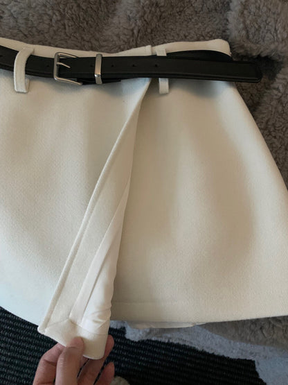 // 10%wool超拉長比例的連腰帶雙層毛呢短裙(內連內裡打底褲)