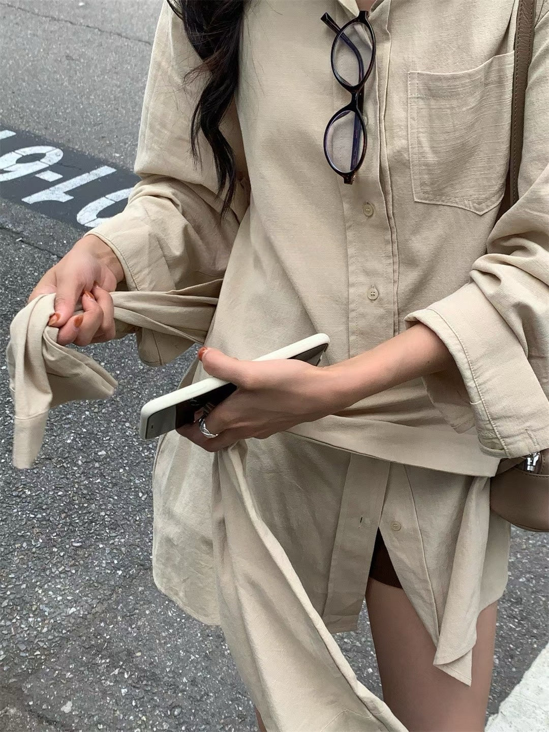 // 造型感綁結腰牛仔棉恤衫