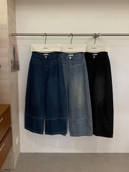 // 雙口袋裝飾拼接褲腳加絨全長牛仔褲