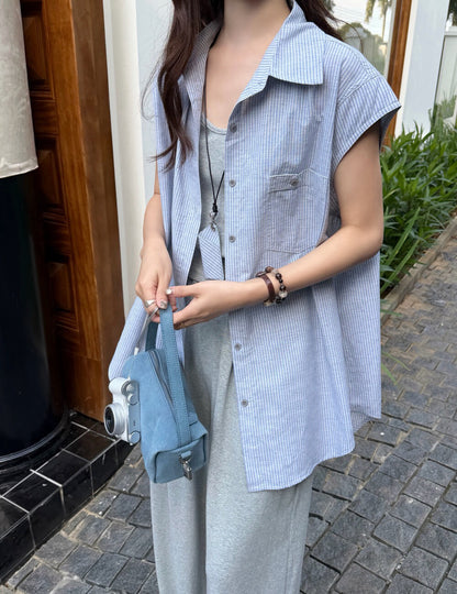 S43 / 休閒風間條小飛袖恤衫+吊帶+舒服褲三件套