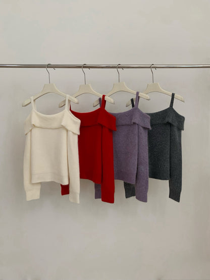 // 聖誕必備一字領肩帶毛衣