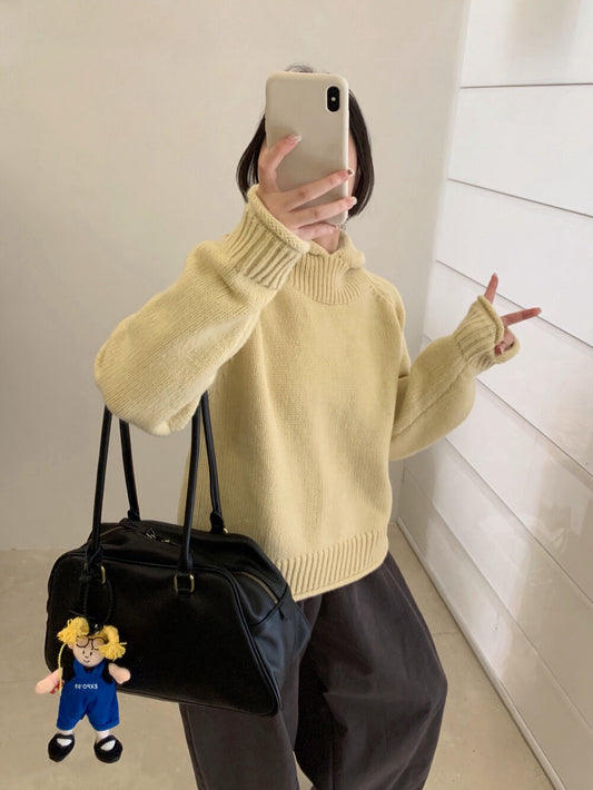 // 粗織紋領位連帽卷卷邊毛衣