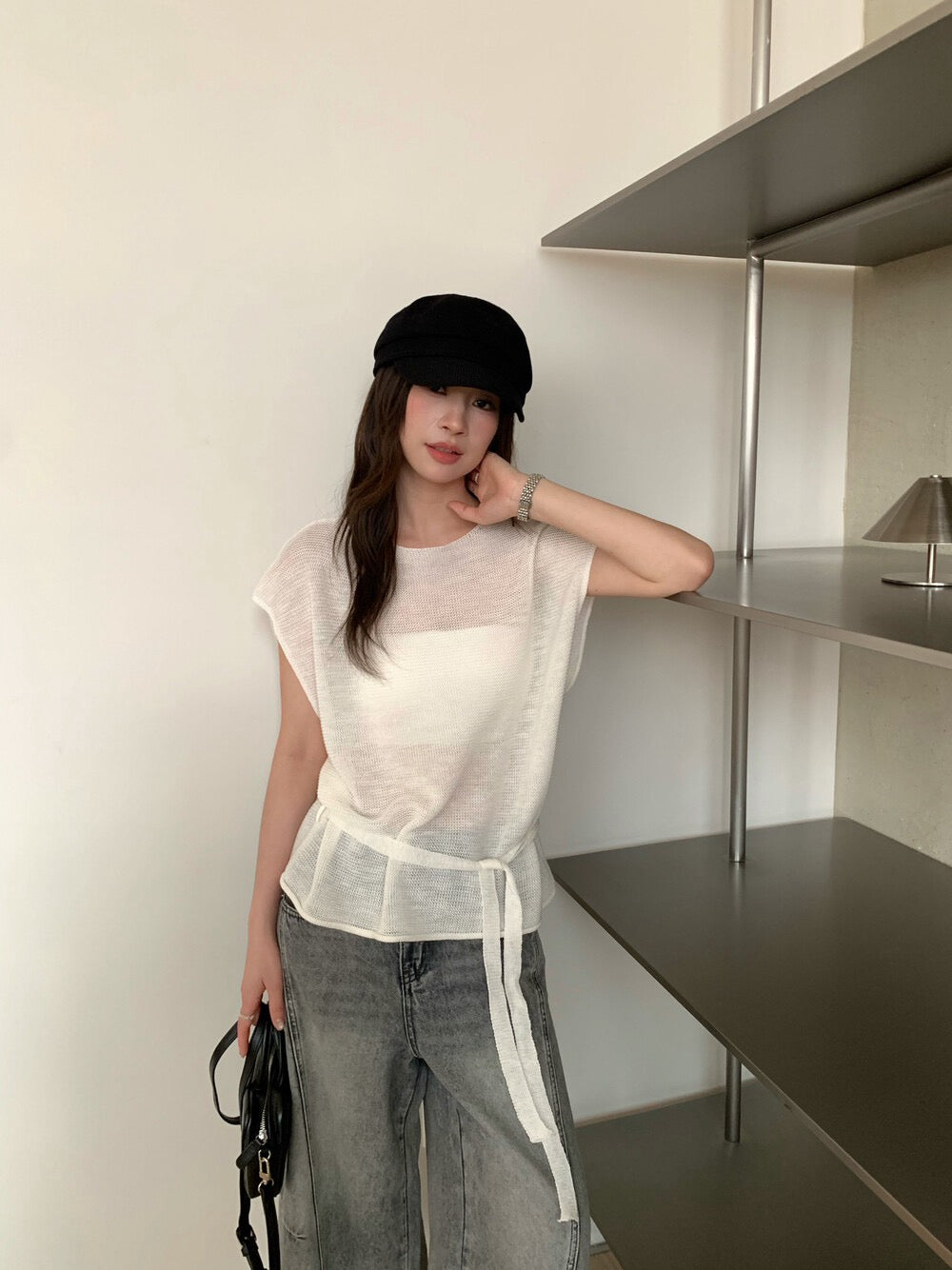 // 高級感飛飛袖綁腰針織上衣