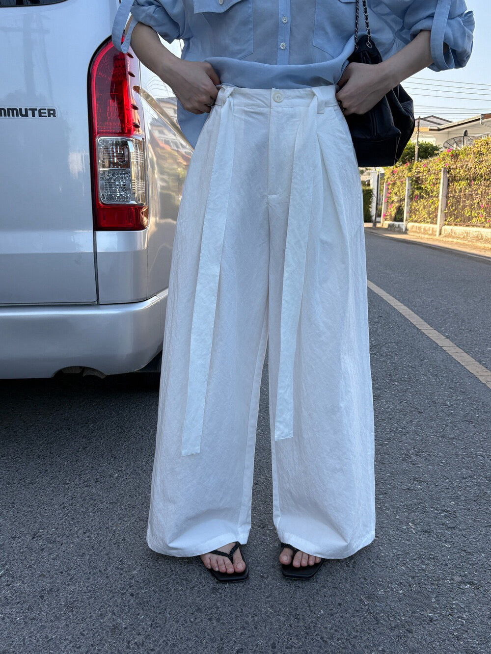 🥤 壓褶質感連腰帶闊腳褲