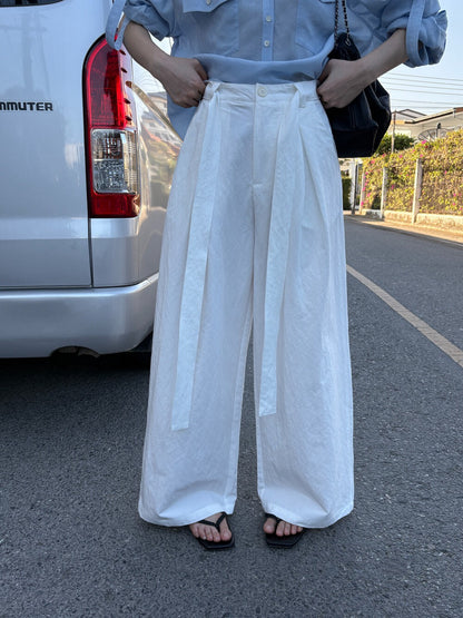 🥤 壓褶質感連腰帶闊腳褲