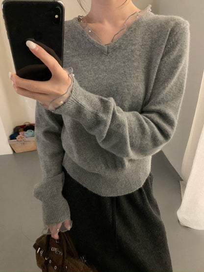 // 5%羊毛拼接lace+釘珠V領NT