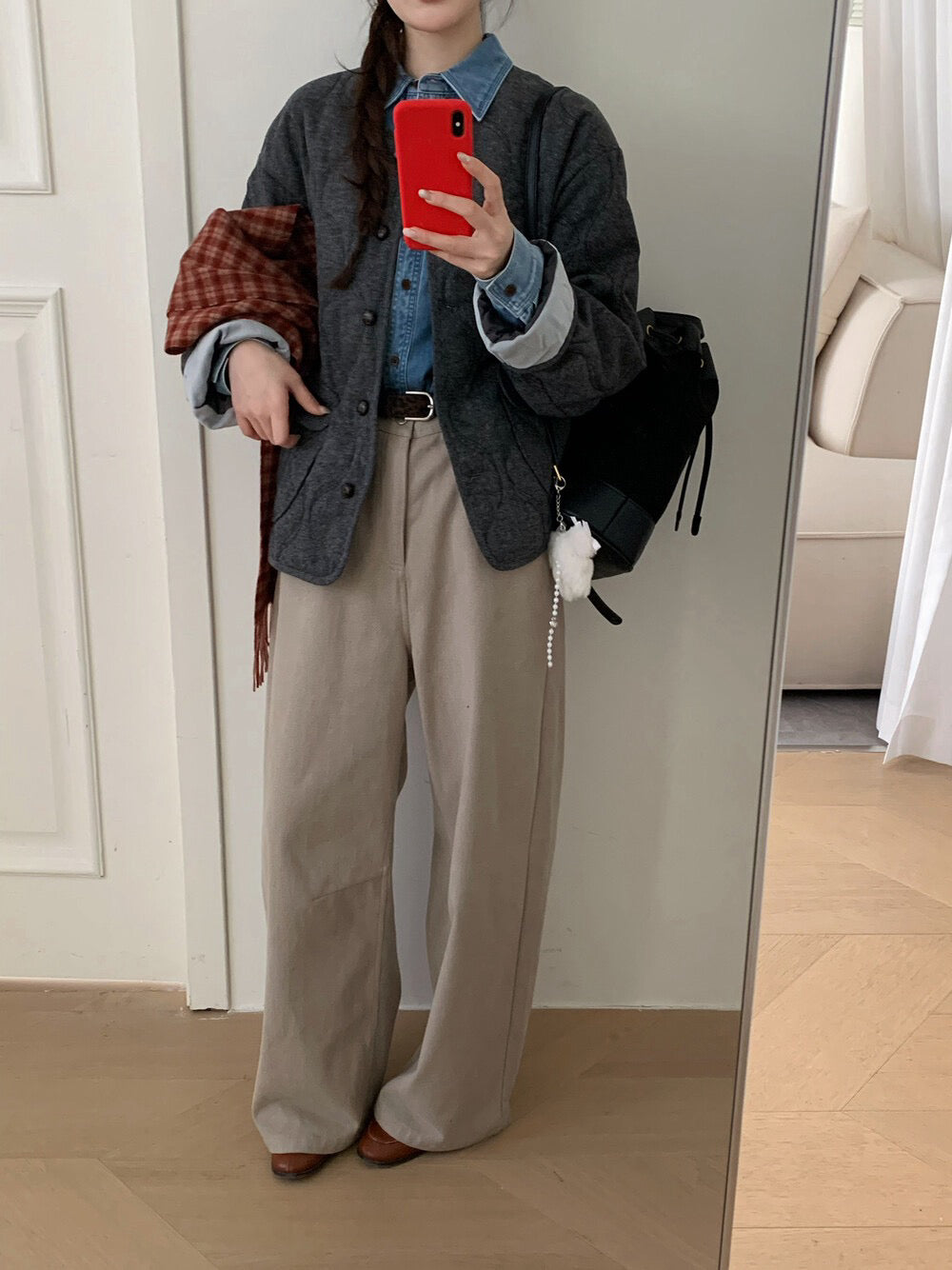 // 30%羊毛袖口拼接燈芯絨菱格夾棉外套