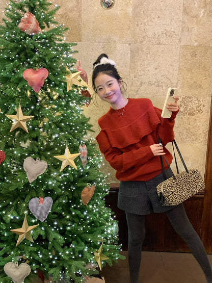 // 小性感露肩荷葉邊毛衣