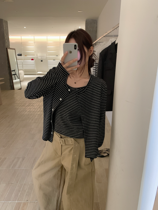 // 慵懶親膚間條吊帶+外套套裝