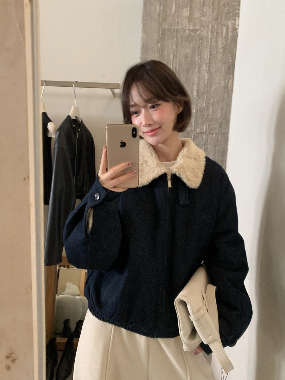 // 復古感翻領羊羔毛牛仔棉外套