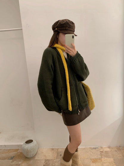 // 大口袋翻領粗棒織拉鍊CD