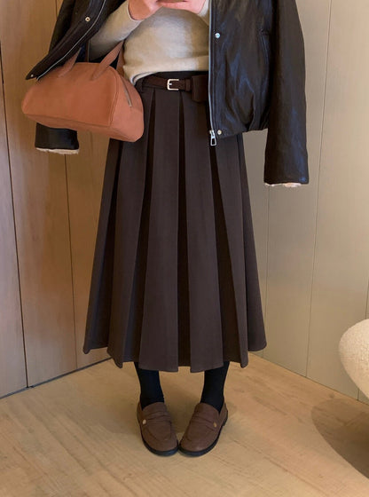 // 秋冬必備粗百褶毛呢中裙(連腰帶)