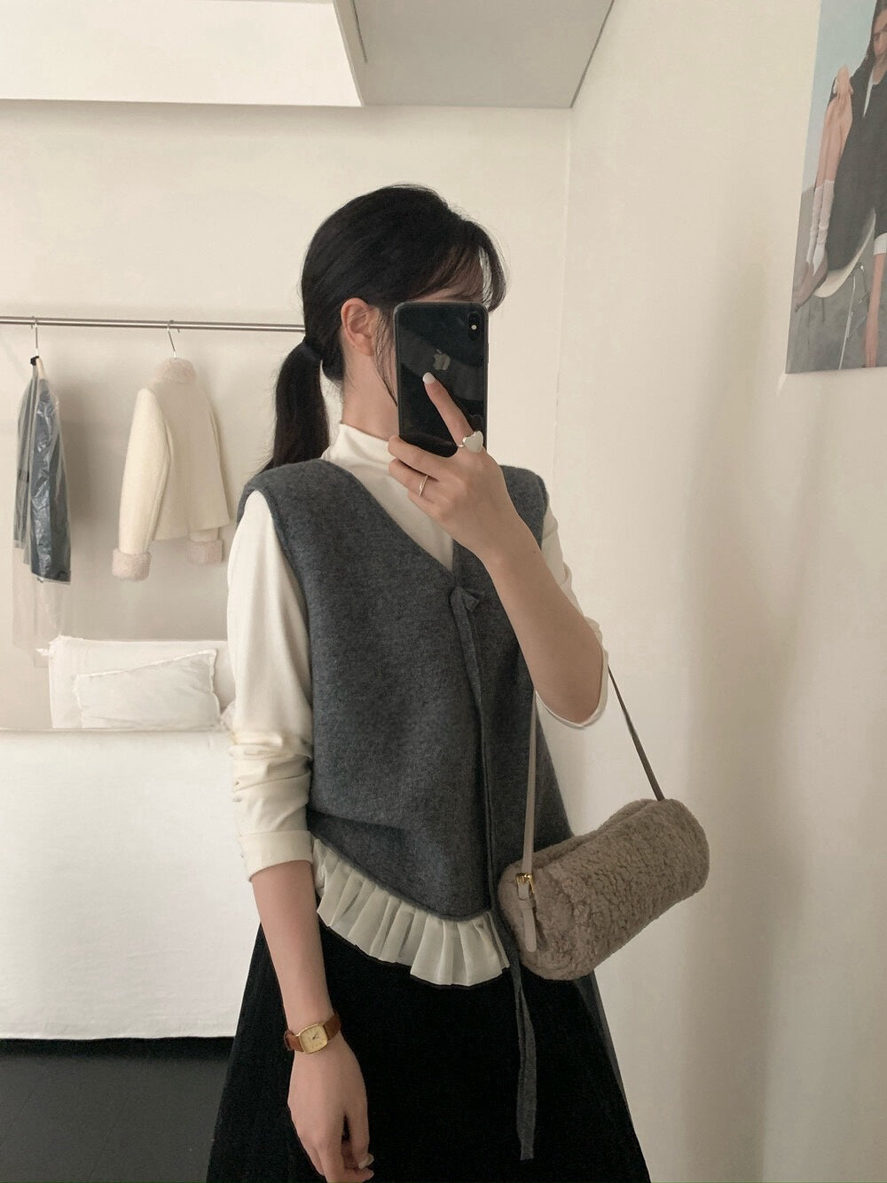 // 蝴蝶結設計拼接花邊針織背心+混羊毛打底套裝