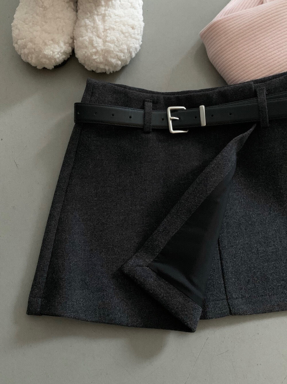 // 10%wool超拉長比例的連腰帶雙層毛呢短裙(內連內裡打底褲)